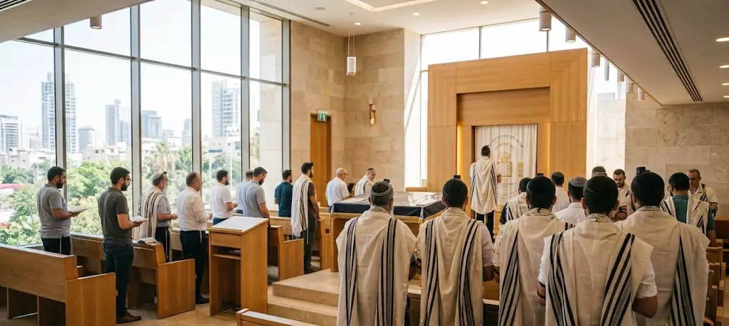 hombres en una sinagoga rezando