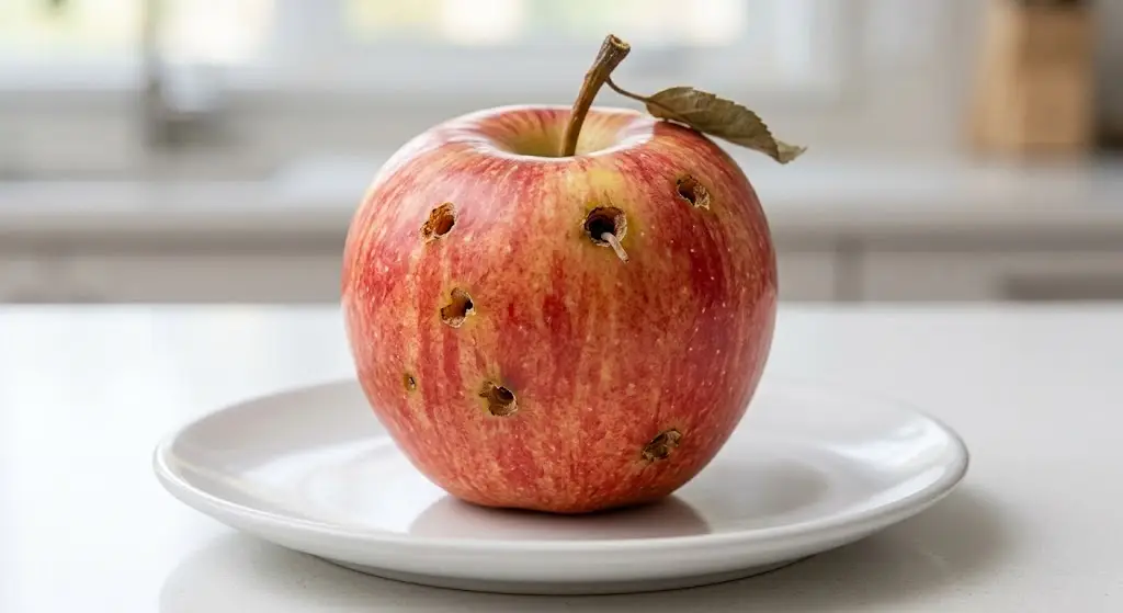 Manzana con agujeros y un gusano
