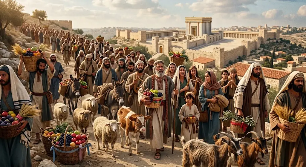 Judios trayendo las primicias al Gran Templo de Jerusalem