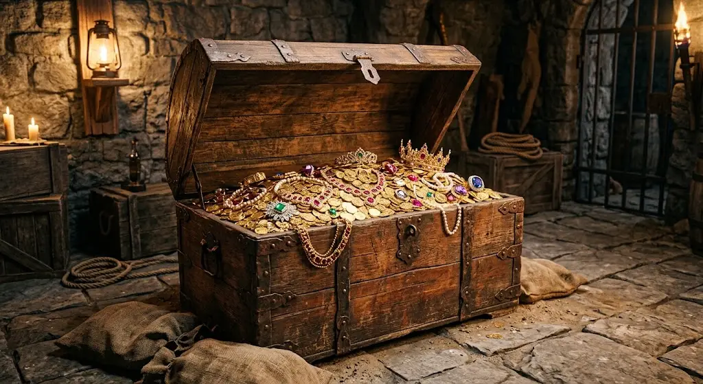 baul lleno de oro y joyas